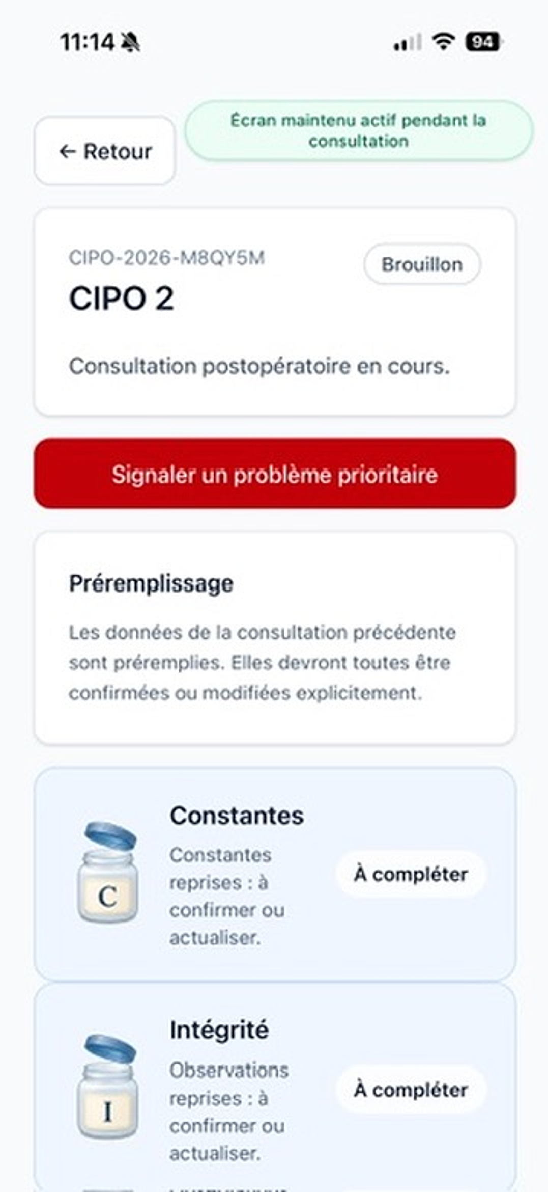 Écran CIPO 2 présentant le préremplissage de la consultation précédente