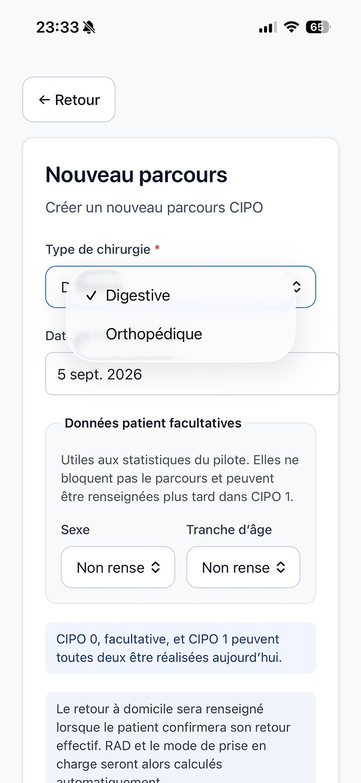 Formulaire de création d’un nouveau parcours CIPO