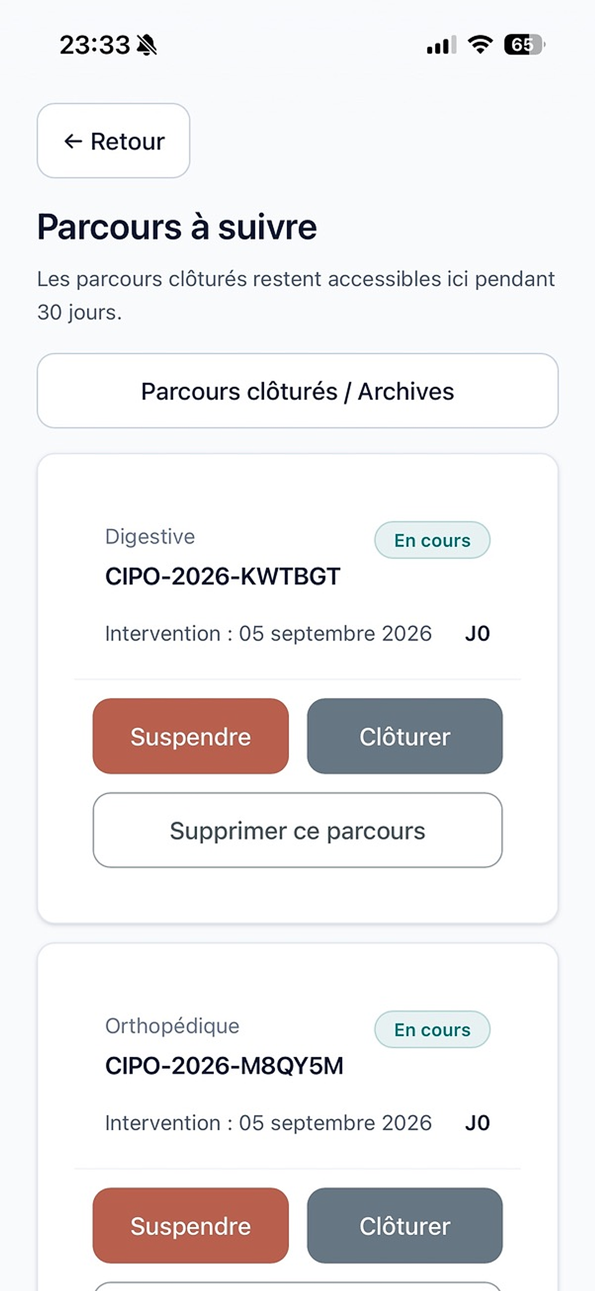Liste des parcours CIPO en cours avec actions de suspension et de clôture